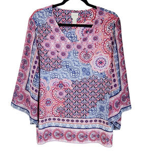 Chico's Top Shirt Blouse Size 2 Large Pink Purple V-Neck Bell 3/4 Sleeves Sheer